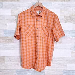 Orvis Short Sleeve Tech Shirt Orange Plaid Lightweight Work Hiking Mens Medium
